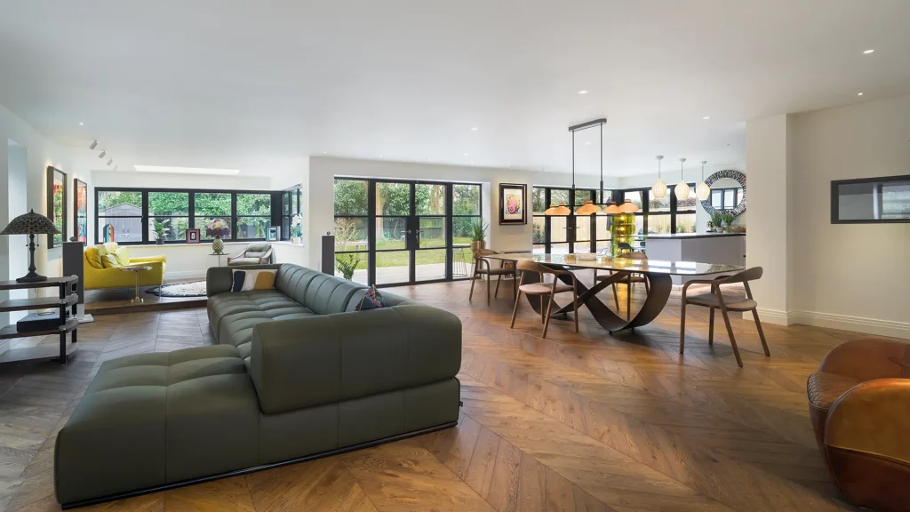 Open plan living, dining and entertainment space at Thorne Close, Henley