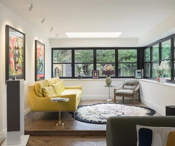 Reflection space, featuring contemporary art, with views to the garden at Thorne Close, Henley