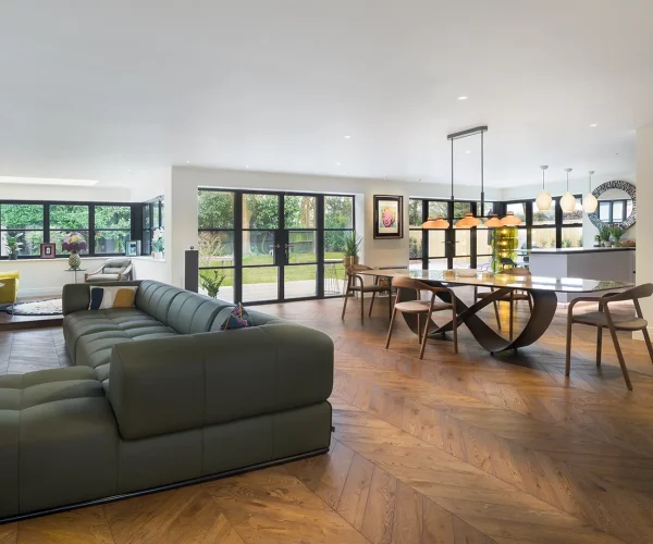 Open plan living, dining and entertainment space at Thorne Close, Henley