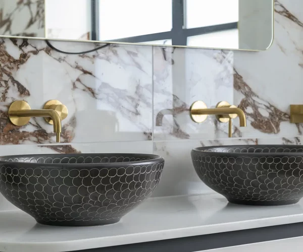 Double sink in contemporary bathroom at Thorne Close, Henley